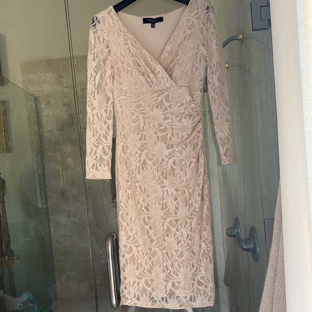Nine West Pink Long Sleeve Sheath Dress V-Neck